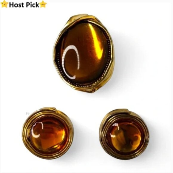 Vintage Jewelry - Vtg Amber Cabochon Brutalist Brooch & Clip Earrings Set - Attributed to Carnegie